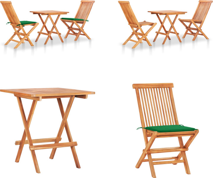 vidaXL 3 tlg. Bistroset mit Grünen Kissen Massivholz Teak - Bistroset - Bistrosets - Holz-Bistroset - Holz-Bistrosets HL3063230