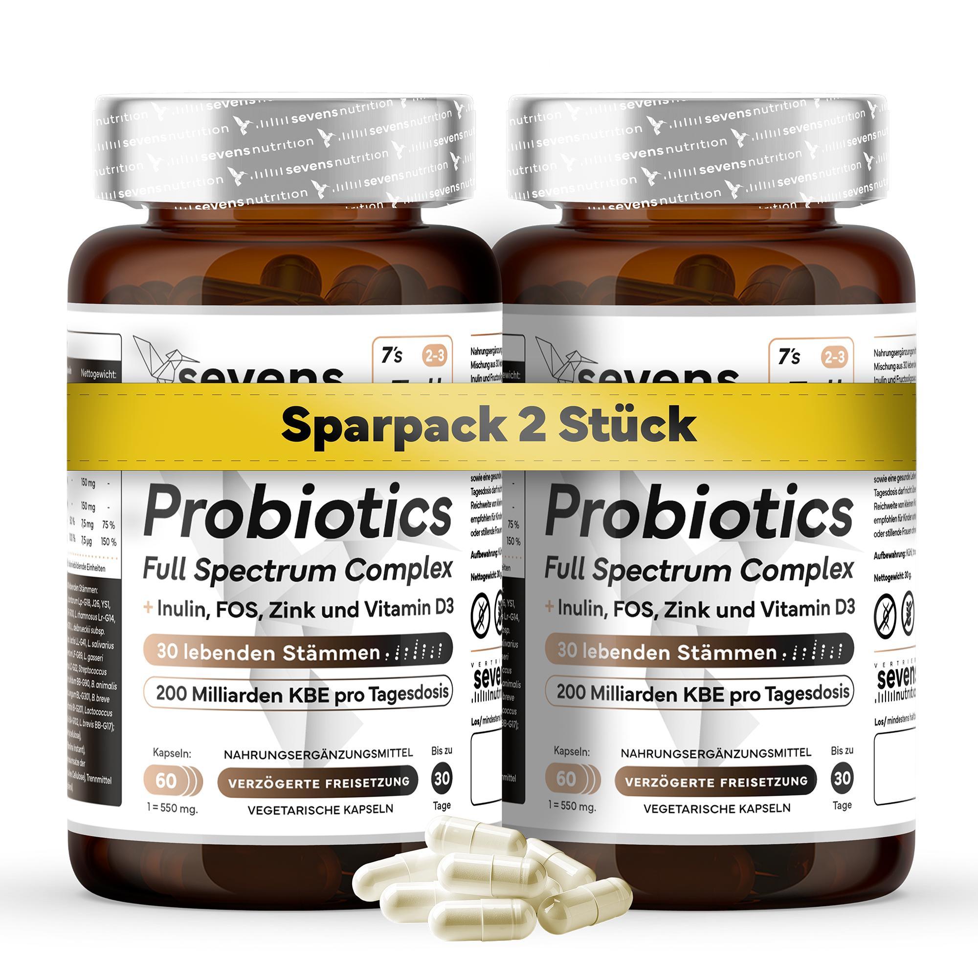 Sevens Nutrition Pack 2x Probiotika Komplex - Darmbakterien Probiotika Kapseln Hochdosiert - 200 Milliarden KBE/Tagesdosis - 30 Bakterienstämme mit Lactobacillus & Bifidobakterien - Mit Inulin und FOS - 120 Kapseln