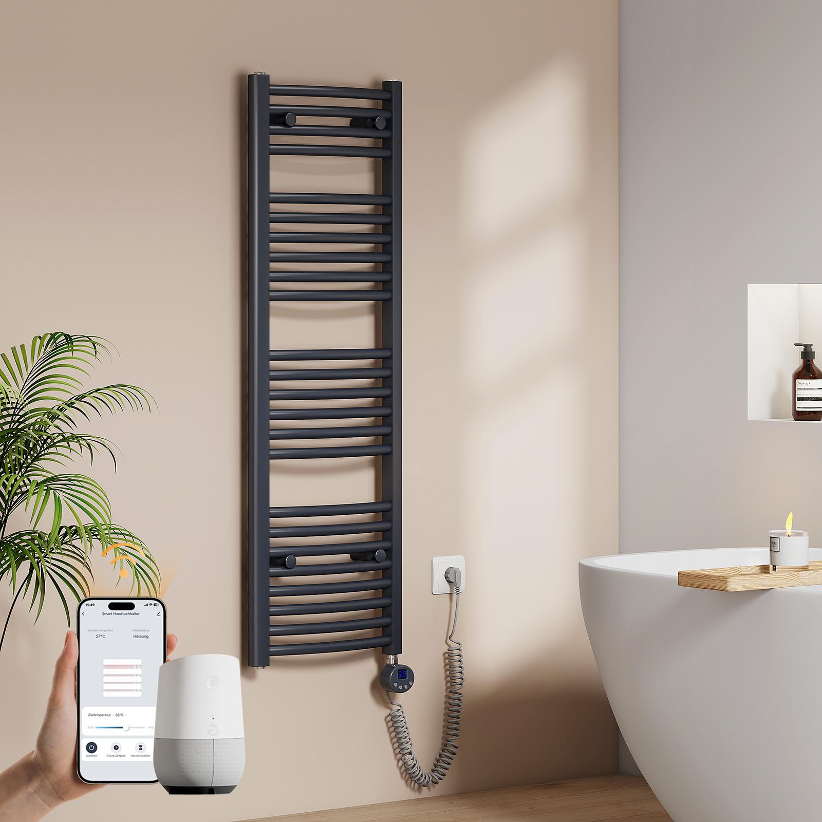 EMKE Elektrický kúpeľňový radiátor Uterákový radiátor zakrivený 500w Wifi ovládanie Inteligentný termostat 120X40cm Antracitový ohrievač uterákov