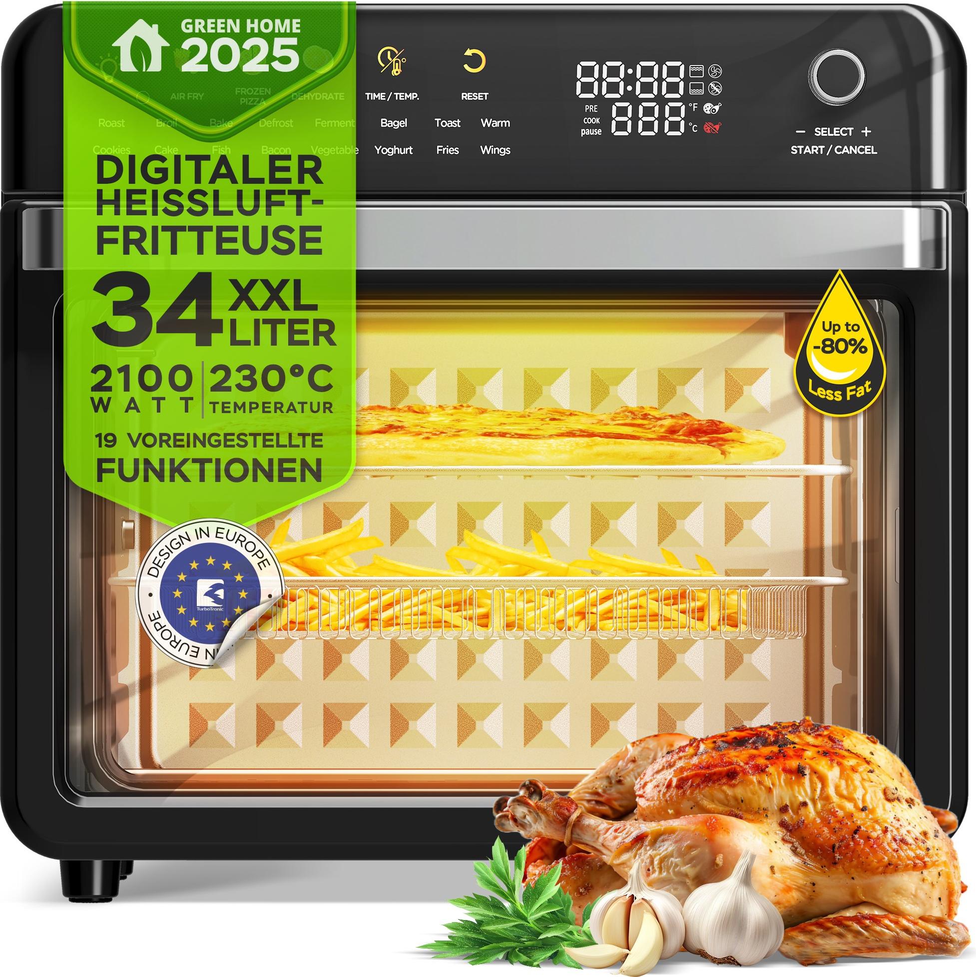 TurboTronic Multi-Smart rúra - AFO330 - 19-v-1 teplovzdušná rúra a fritéza, výkon 2100 W, objem 34 l, až 0,5 kg hranolčekov, mini rúra s funkciou sušenia, gril čierna