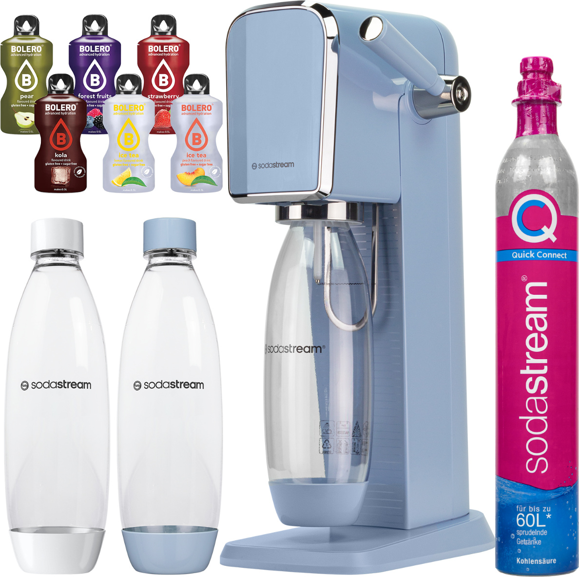 Výrobník perlivej vody SodaStream Art Blue + 2 fľaše, 1 l, modrá/biela + Bolero