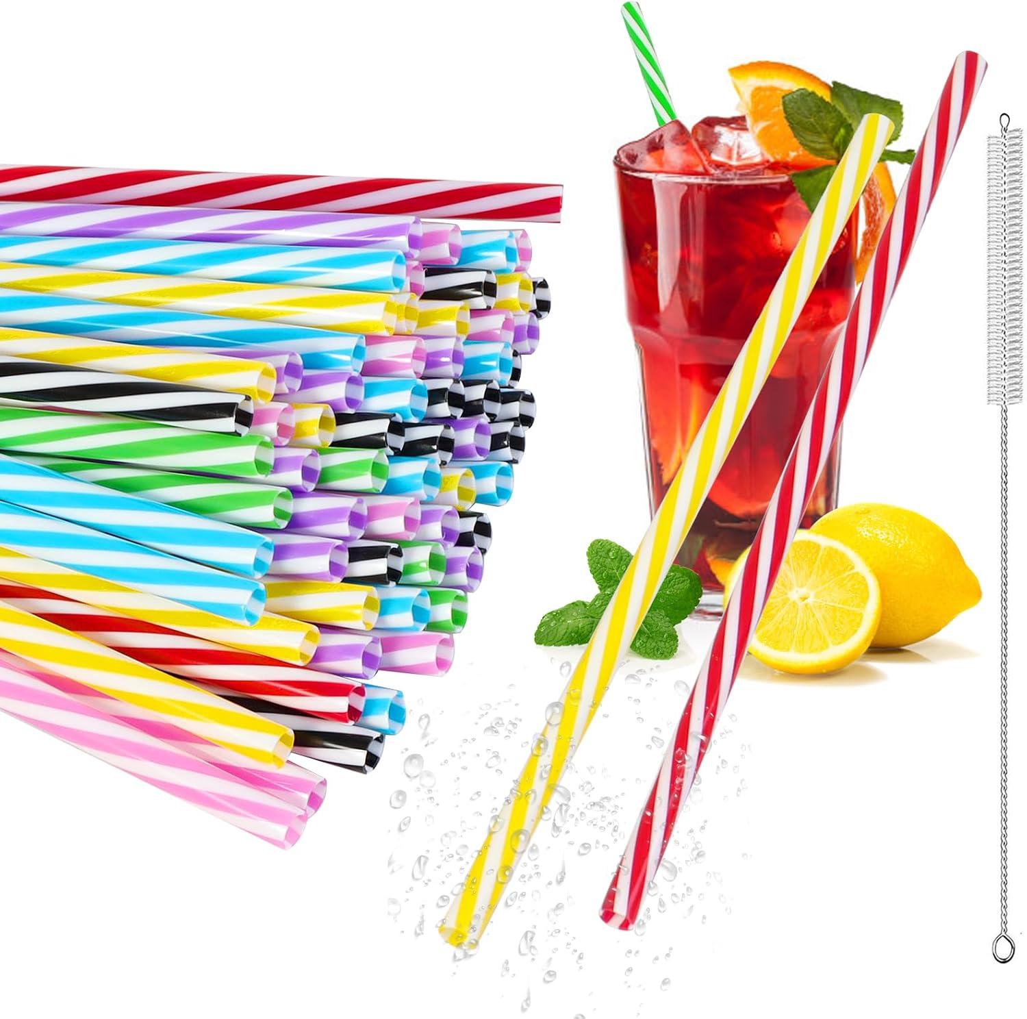 oCreon Wiederverwendbare Trinkhalme – Set mit 60 Stück – Plastikstrohhalme mit Reinigungsbürste – Verdickte Plastikstrohhalme – Ideal für Smoothies, Säfte und Cocktails