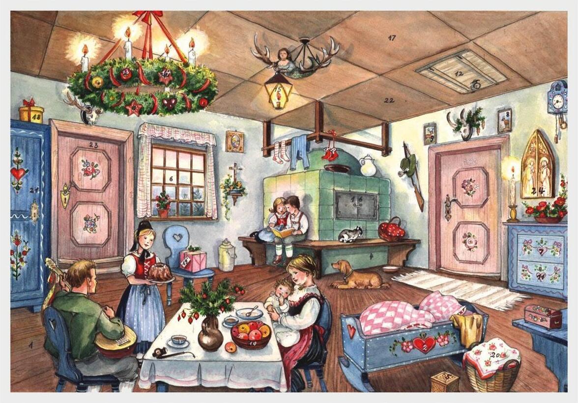 Nostalgický adventný kalendár vo formáte A4 s motívom obývačky