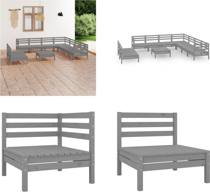 vidaXL 10 ks záhradná obývacia súprava z masívneho dreva borovica sivá - záhradná obývacia súprava - vonkajšia obývacia súprava - drevená pohovka - drevená záhradná pohovka