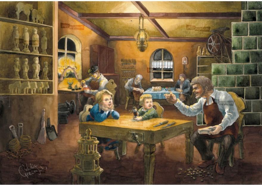 Mini adventný kalendár z Krušných hôr s motívom dielne, retro
