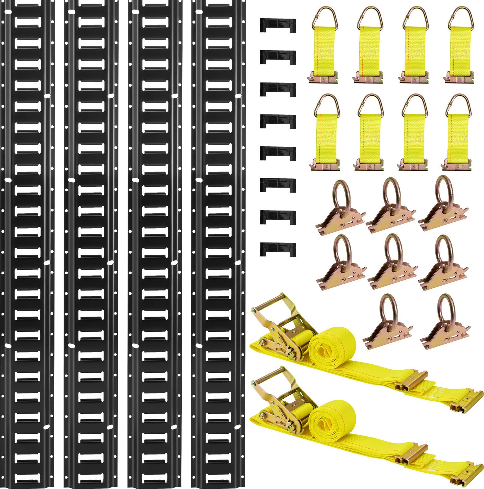 SucceBuy E-Track-Zurrschienen-Set, 4er-Pack 2,3 m Schienen, 26-tlg., inkl. 2 Ratschengurte, 8 O-Ringe, 8 Zurrgurte mit D-Ring und 8 Endkappen, ideal für Garagen, Transporter, Anhänger und Motorräder
