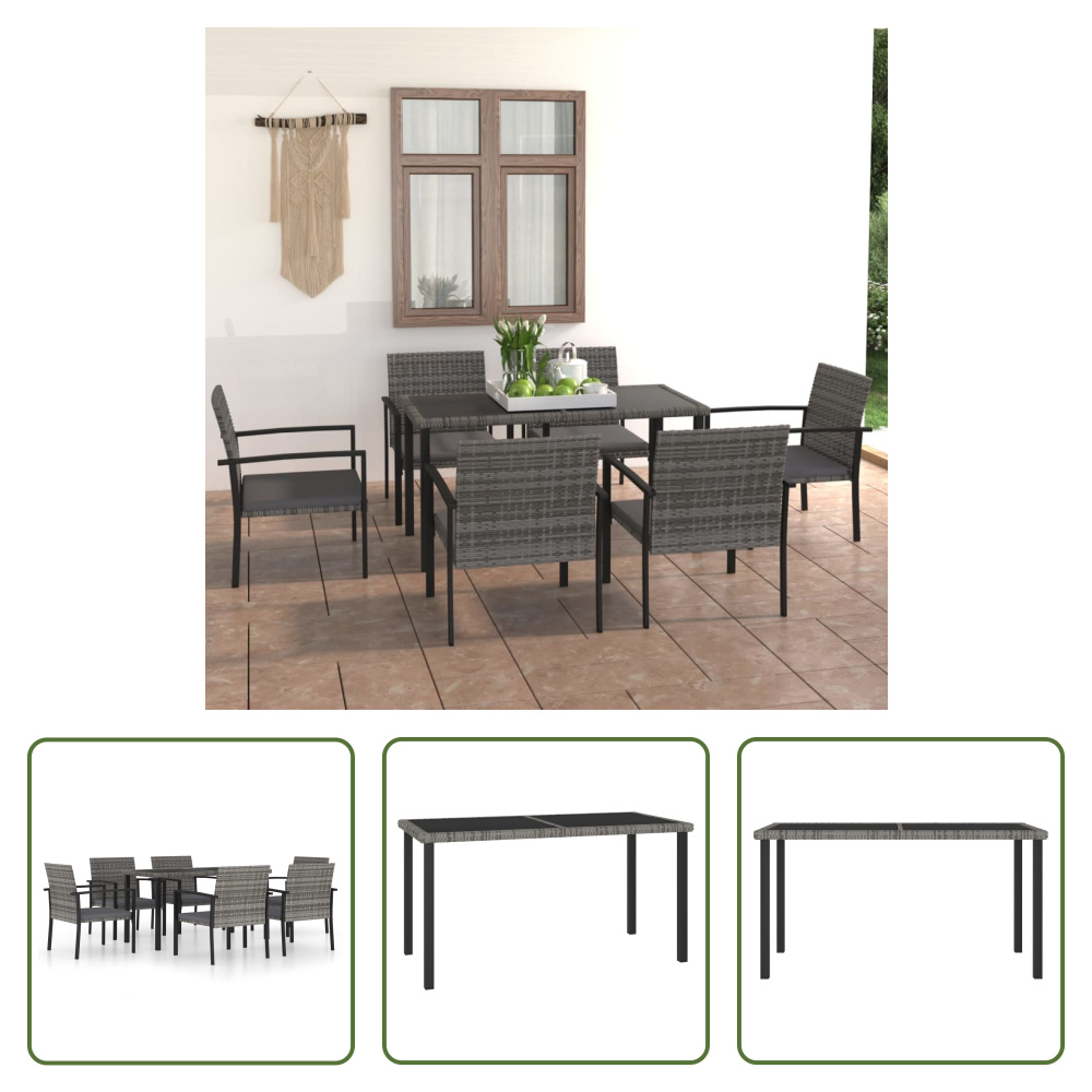 The Living Store 7 ks. Záhradný jedálenský set Poly ratan sivý