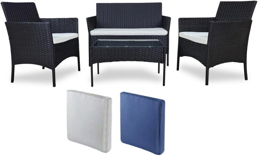 Sada záhradného nábytku VORTIVO - pohovka, 2 kreslá, stôl, polyratan, 2 sady poťahov na vankúše (biela/modrá), odolné voči poveternostným vplyvom a moderné