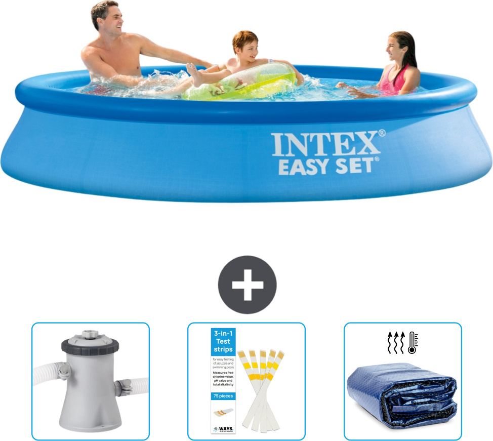 Okrúhly nafukovací bazén Intex Easy Set - 305 x 61 cm - modrý - obsahuje filtračné čerpadlo pre bazén - testovacie prúžky - slnečnú striešku