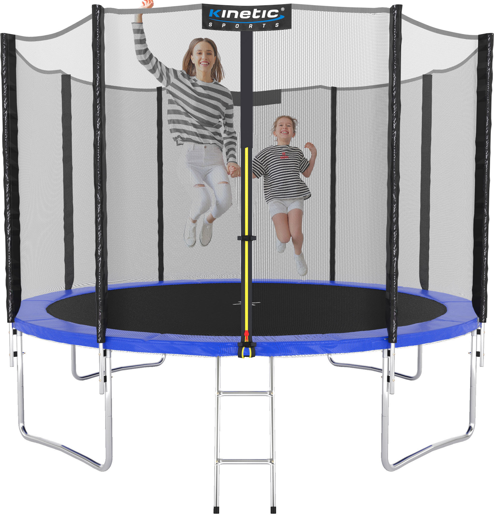 KINETIC SPORTS Trampolin Outdoor SALTO Ø 183/244/305/366/400/430/490 cm - Kindertrampolin Set mit Leiter, Netz, Randpolster, bis zu 160kg TPLH09-4.BLAU