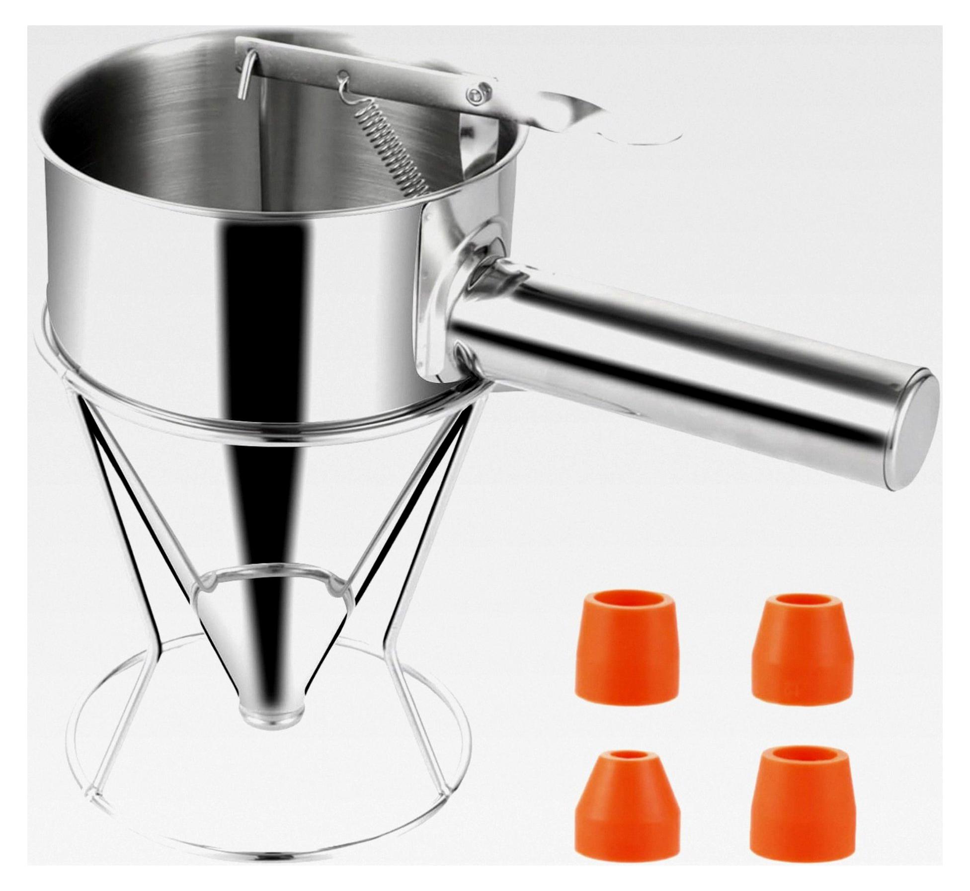 Markenlos Teigportionierer aus Edelstahl, 1200ml Pfannkuchen Teigspender mit Ständer und 4 verschiedenen Düsen
