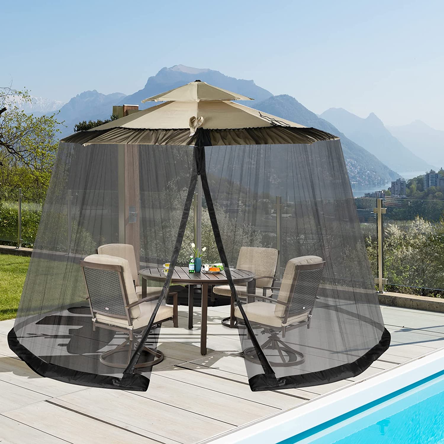 COSTWAY verstellbares Moskitonetz für 250-300 cm Sonnenschirme Pavillon,  Insektenschutz mit 2 Türen, befüllbare Basis, Fliegengitter