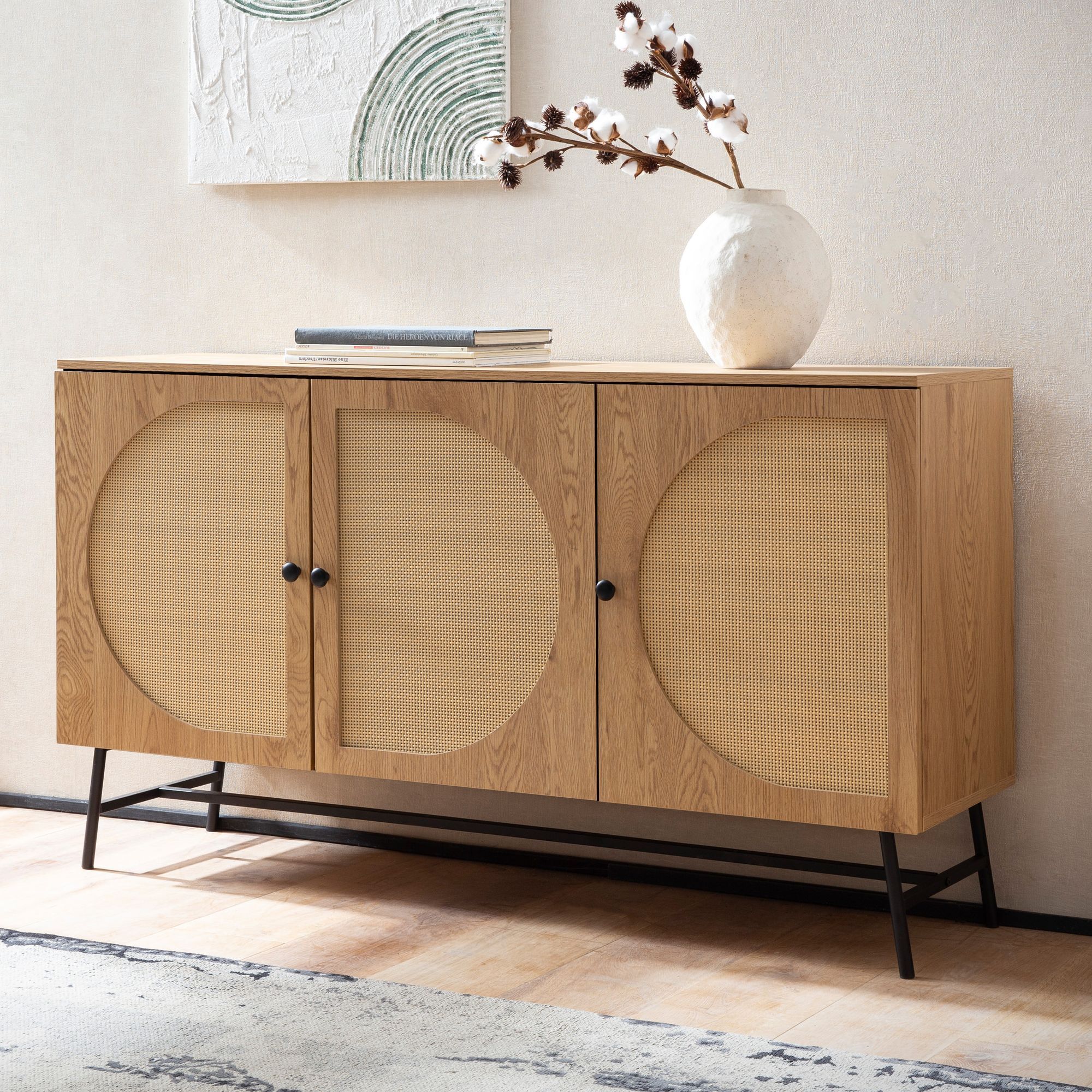 WOHNLING Sideboard 140x80x39 cm Kommode Eiche-Nachbildung mit Rattan Geflecht Modern Hoher Kommodenschrank Standschrank mit 3 Türen Anrichte Wohnzimmer WL6.892