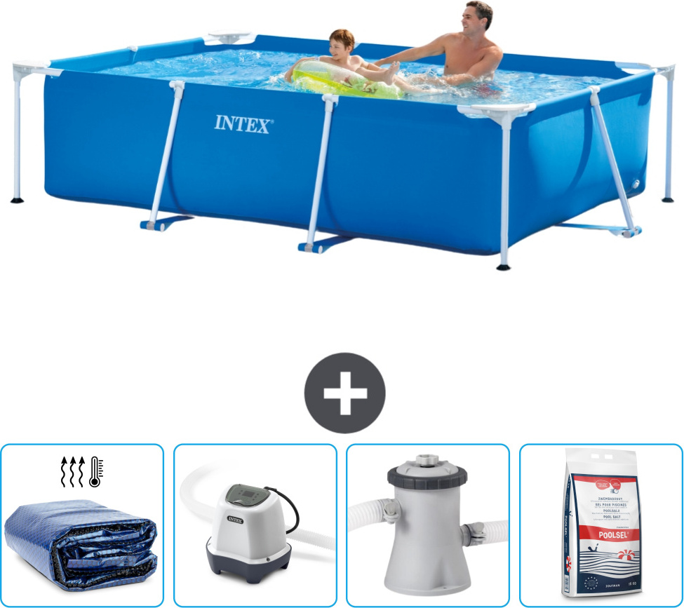 Bazén Intex s obdĺžnikovým rámom - 260 x 160 x 65 cm - modrý - vrátane markízy - systém so slanou vodou - filtračné čerpadlo pre bazén - bazénová soľ