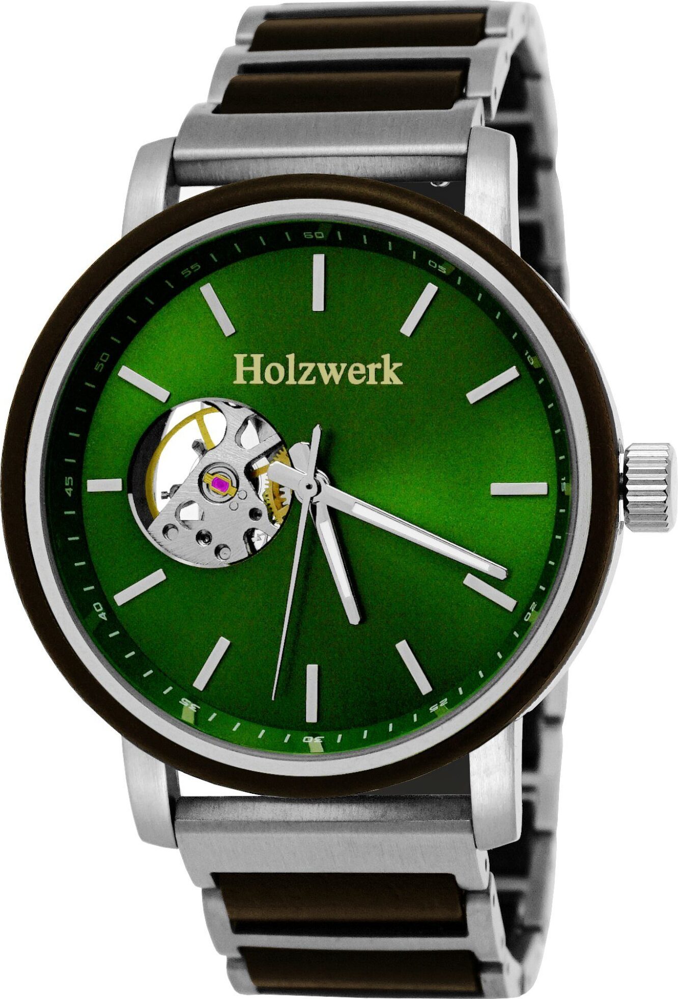 Holzwerk CREUSSEN Herren Edelstahl & Holz Automatik Uhr, silber, braun, grün