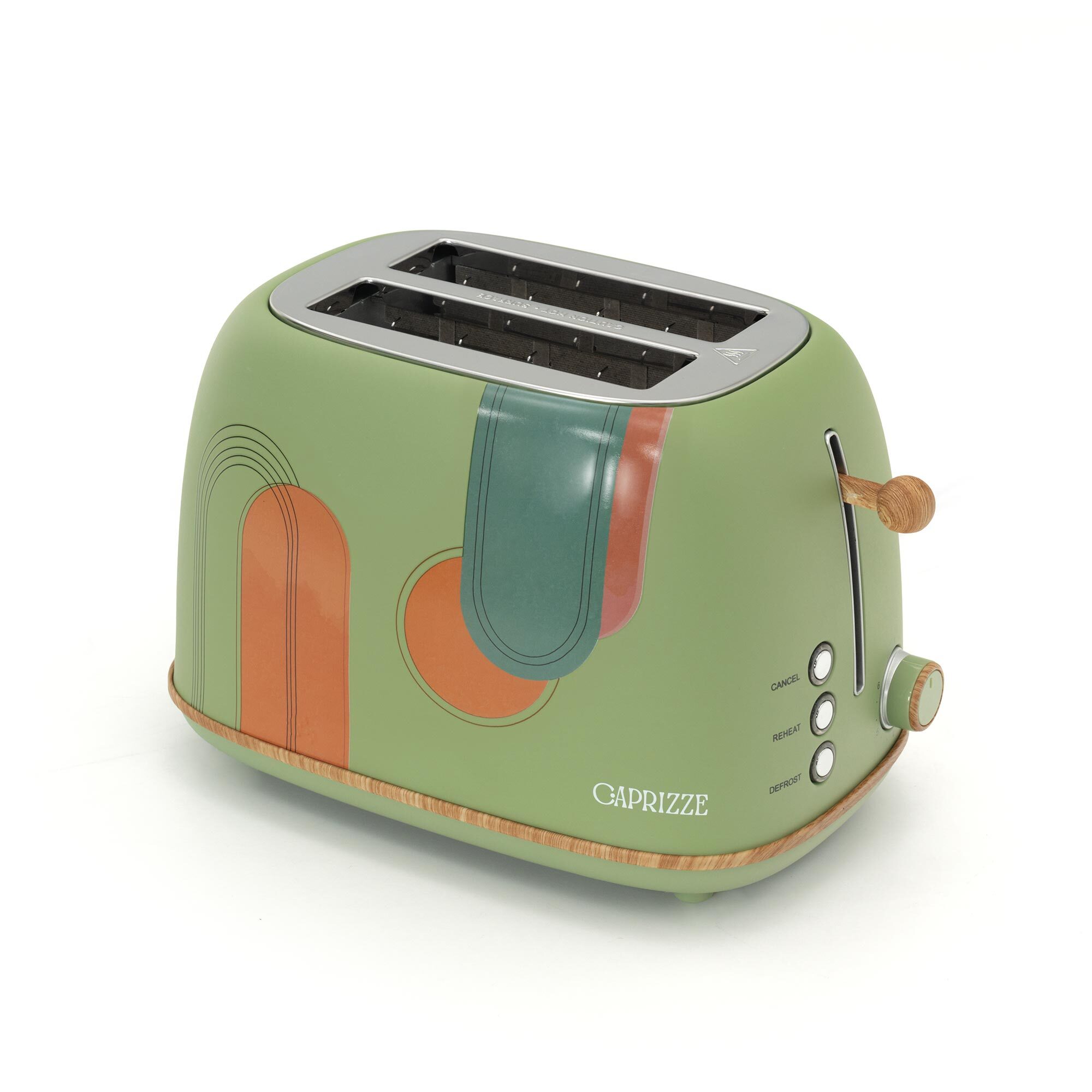 Toaster Caprizze Kaito mit Doppelschlitz Extra Breit 6 Bräunungsstufen Blumendekoration und Mattgrüner Holzeffekt