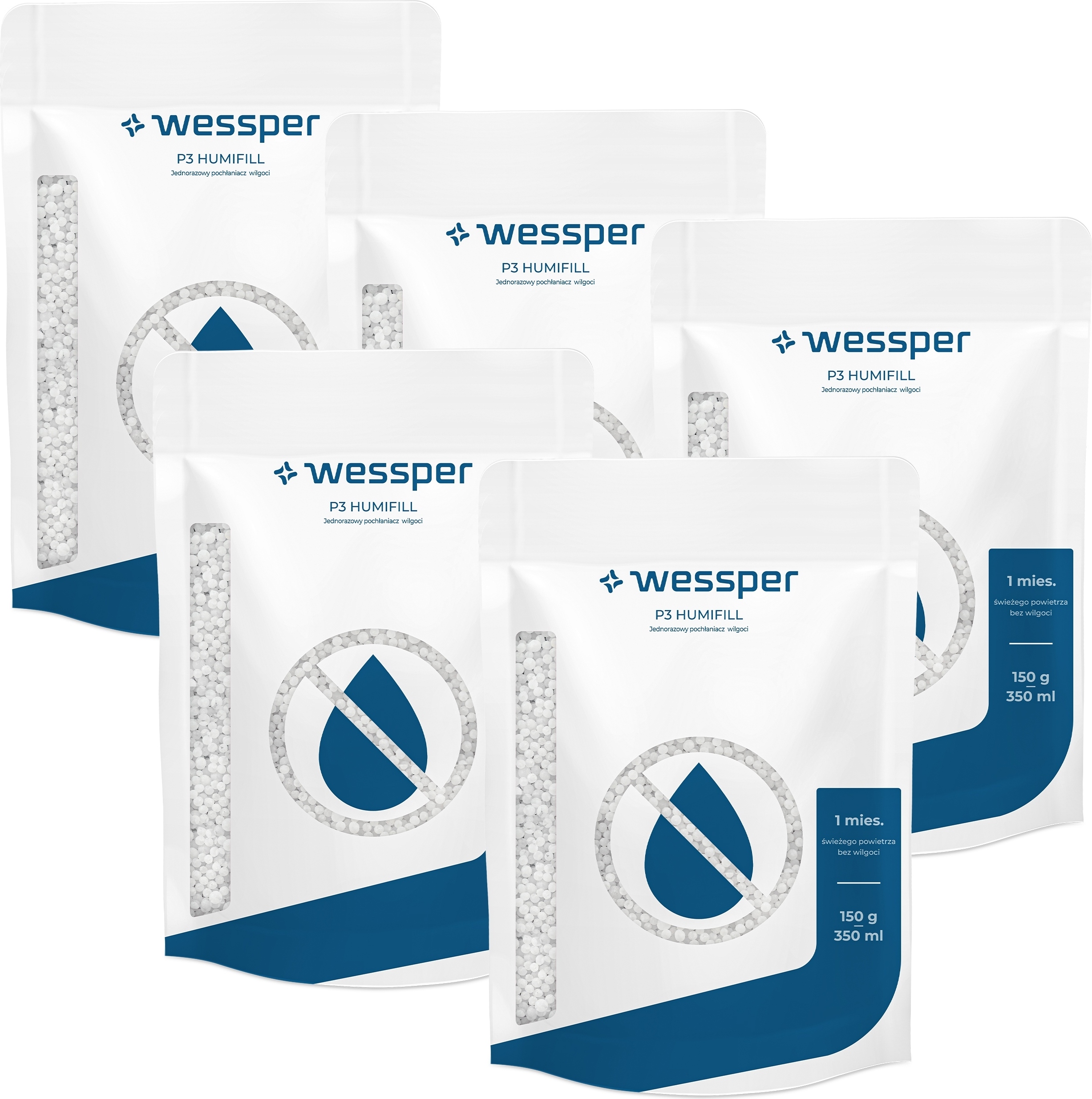 Wessper 5 Stück P3 Humifill Einweg-Feuchtigkeitsabsorber 150g – Effektiv gegen Feuchtigkeit und muffige Gerüche 5_WES031-BAG