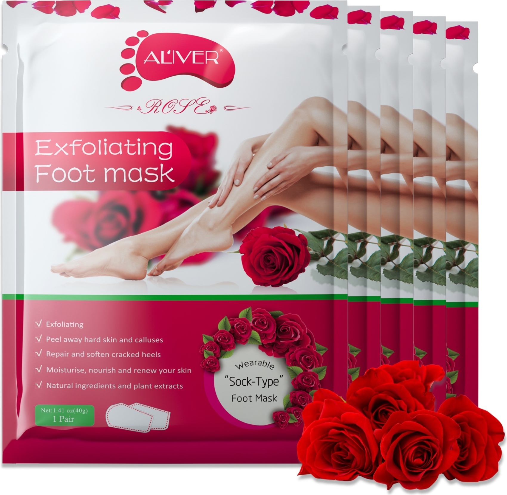 ALIVER Fußmaske Fusspeeling Fußpflege Anti Hornhaut Socken Hornhautentferner, Rose 5 Paar NEW-2465