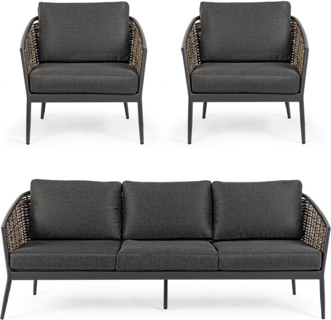 Casa Padrino Luxus Gartenmöbel Set Anthrazit / Braun - 1 Luxus Gartensofa & 2 Luxus Gartensessel - Garten Möbel - Terrassen Möbel - Hotel Möbel - Pool Möbel - Outdoor Möbel - Luxus Möbel