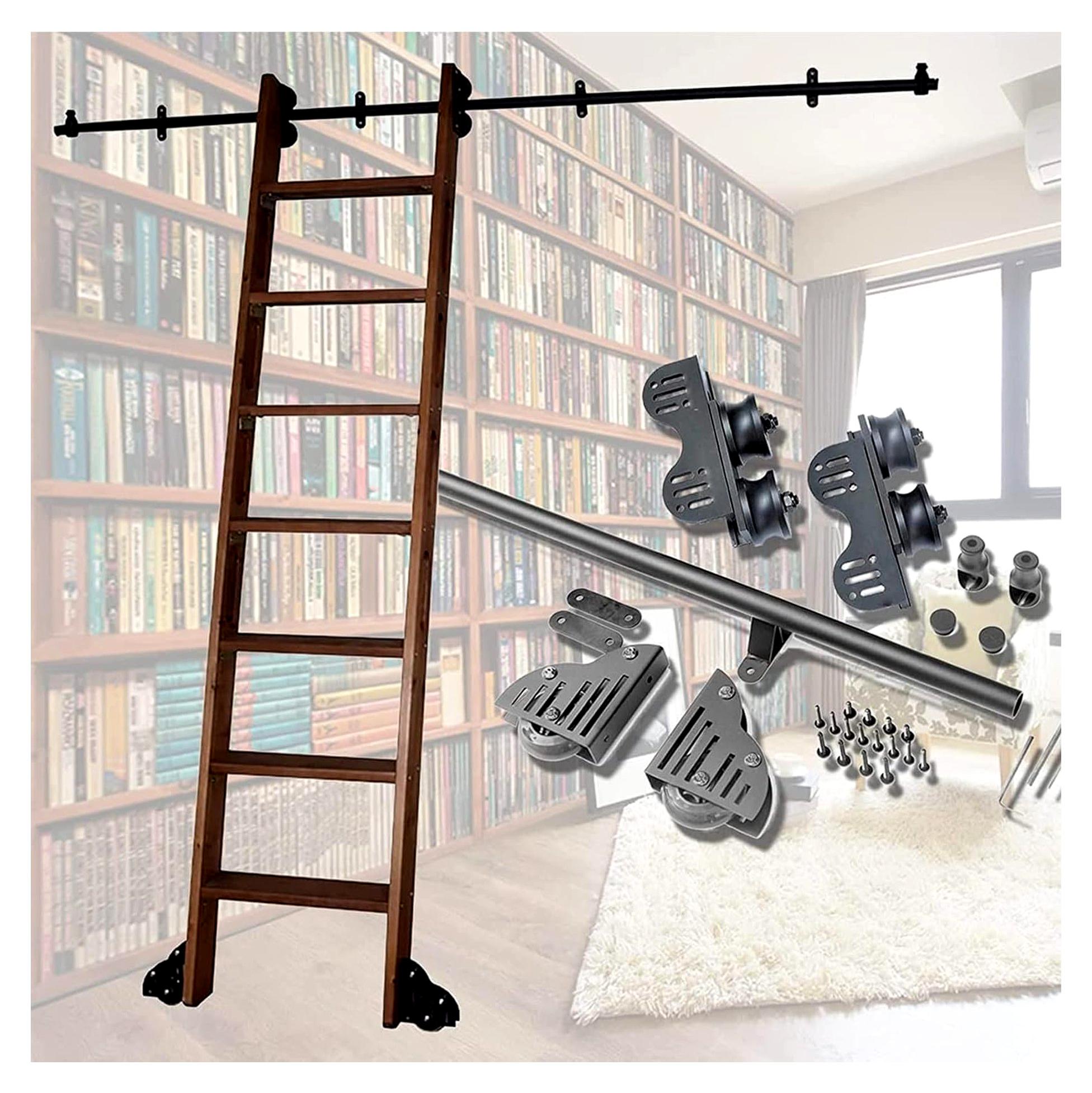 Markenlos Schiebe-Bibliotheksleiter, schwarzes Schienen-Set – Hardware-Set für rollende Bibliotheksleiter, rundes Schienen-/Schienenzubehör aus Kohlenstoffstahl, mit Rädern, für Zuhause/Inne