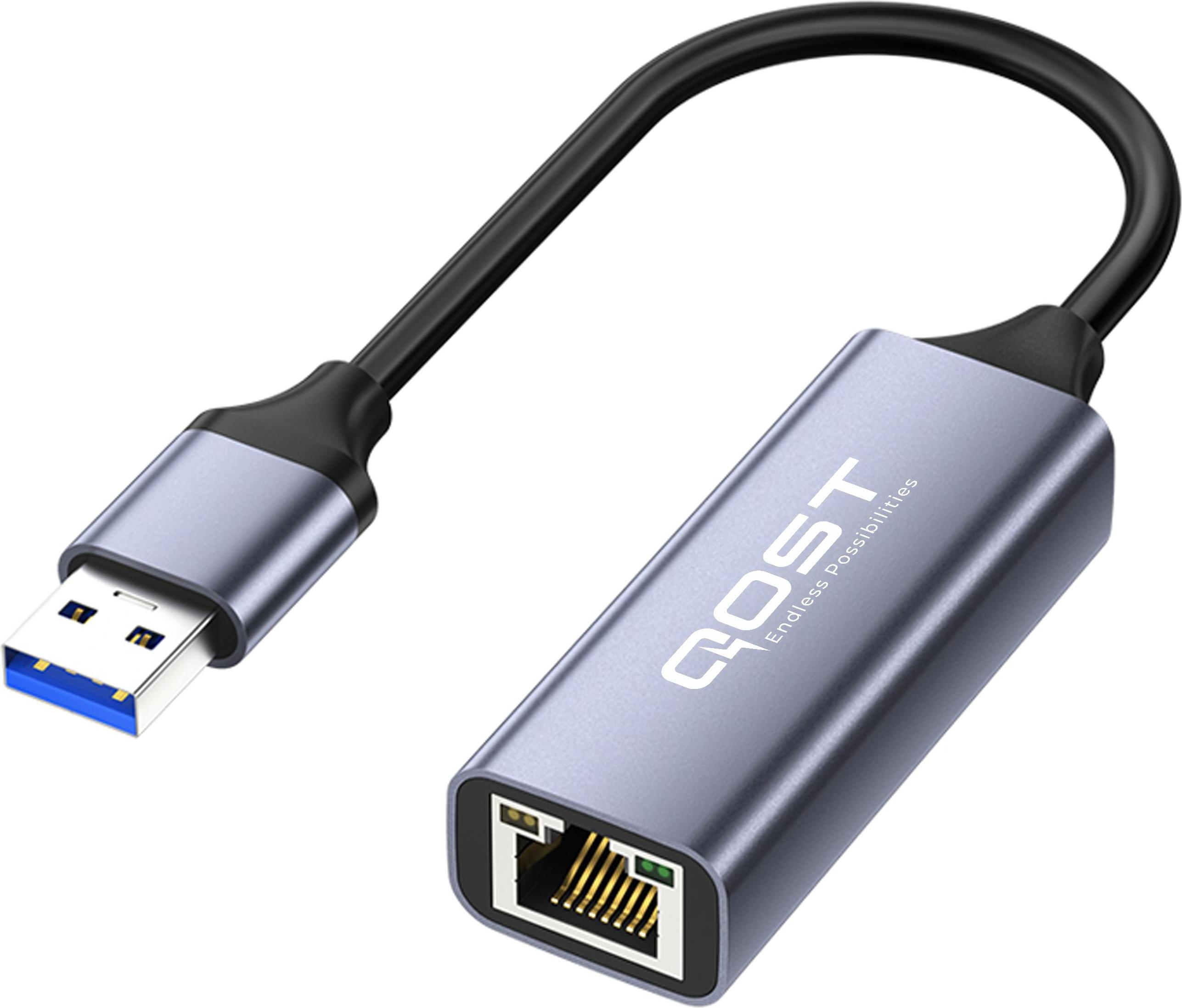 Qost – USB-A auf Ethernet Adapter – LAN Netzwerkadapter – USB-A zu Internet RJ45 Anschluss – 10 / 100 / 1000 Mbps