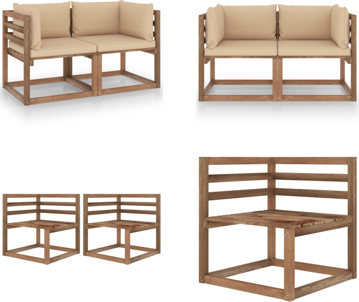 vidaXL Záhradná 2-miestna pohovka z paliet s vankúšmi z béžového borovicového dreva - Pohovka z paliet - Pohovka z paliet - Drevená pohovka z paliet - Záhradná pohovka