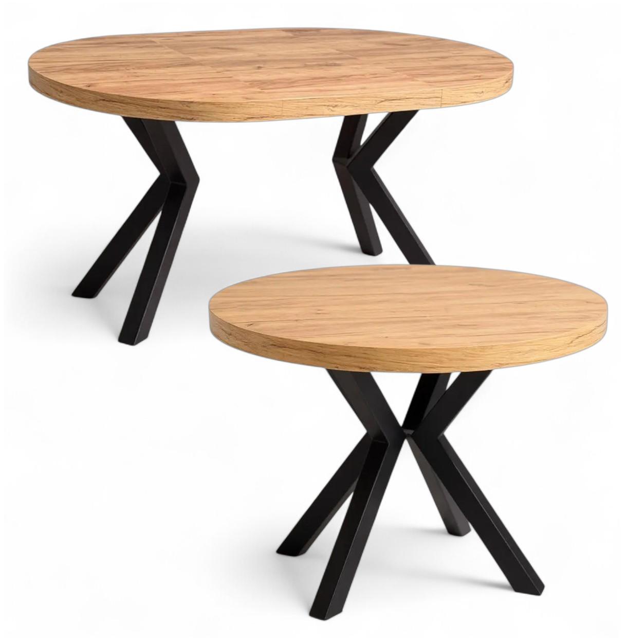 Runder Esstisch Ausziehbar Eiche Craft Ø100-200 cm, Metallgestell X Schwarz