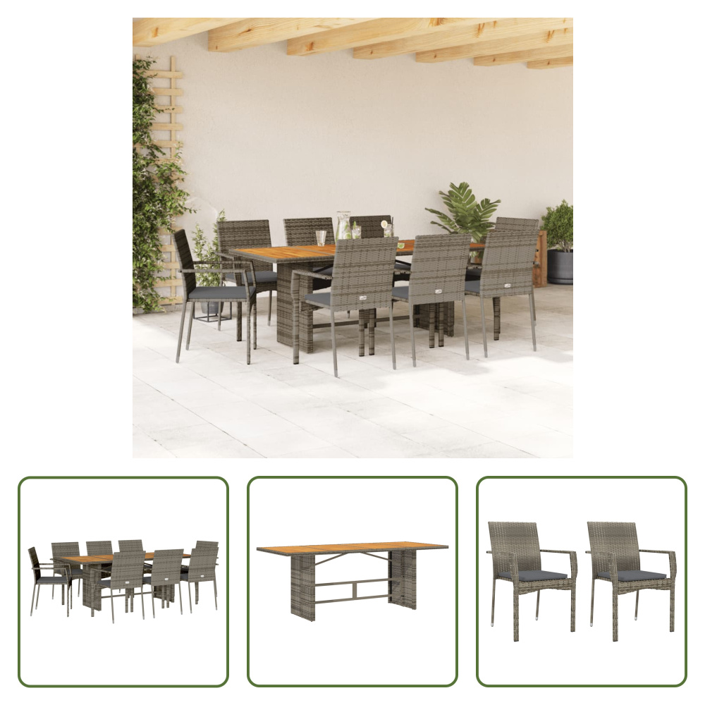The Living Store 9-dielny záhradný jedálenský set s vankúšmi sivý polyratan