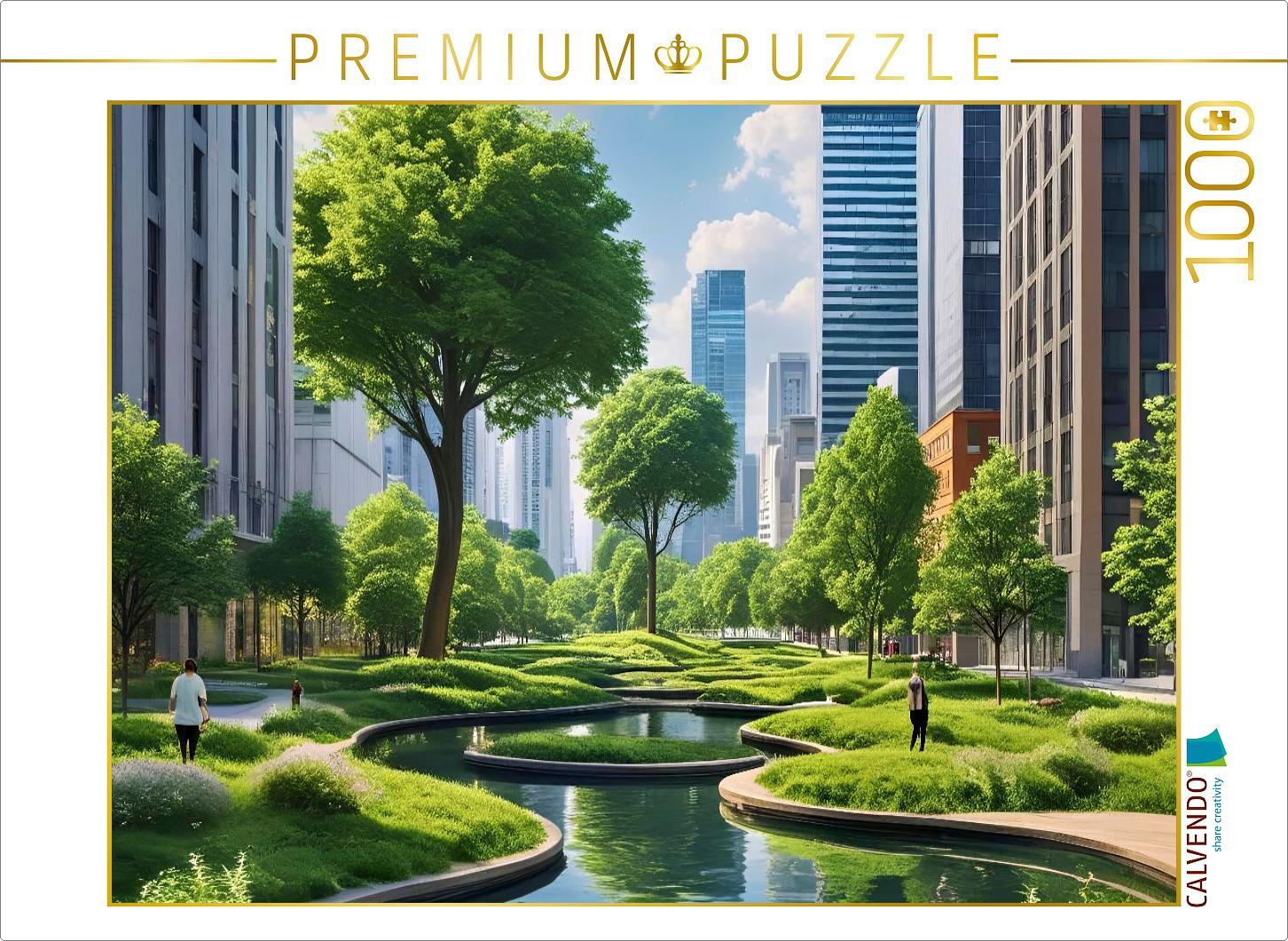 CALVENDO Puzzle Teichanlage mit Stadt | 1000 Teile Lege-Größe 64x48cm Foto-Puzzle für glückliche Stunden