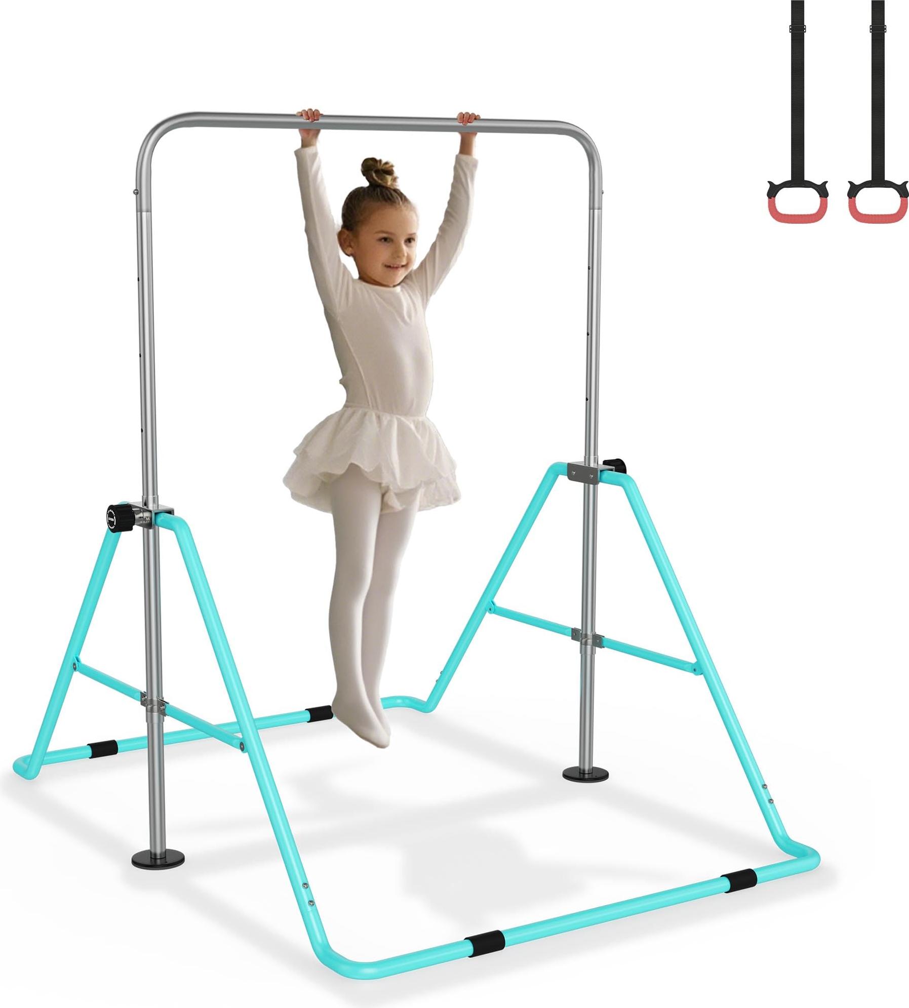 TRMLBE Reckstange Outdoor Kinder Gymnastikstange Höhenverstellbar Turnstange mit 2 Turnringe, Faltbarer Turnreck für Indoor Garten Turnen, Grün