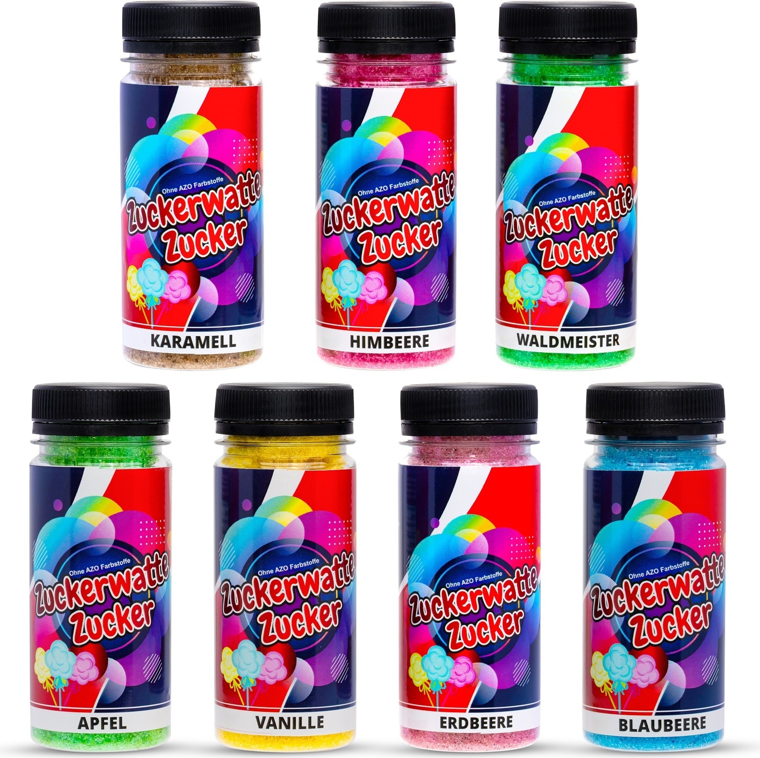 Hopser Funfood Zuckerwatte Zucker Set 7 Sorten je 100g für Zuckerwatte Maschine AZO Frei Aromazucker Farbzucker Backen Dekorieren