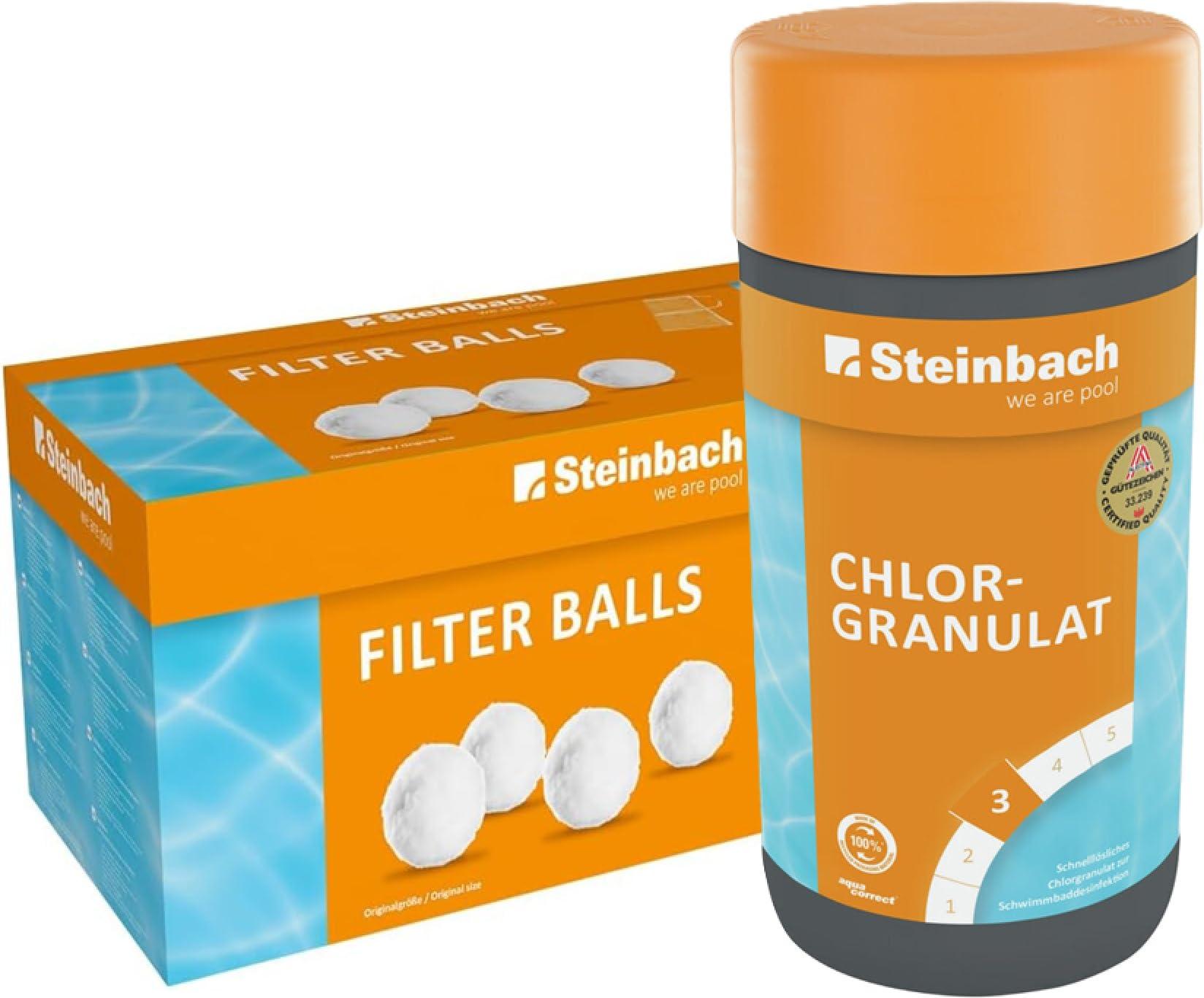 Steinbach Poolpflege-Set | Chlorgranulat 1kg & Filter Balls 700g | Schockchlorung & Wasserdesinfektion | ersetzt Filtersand | kristallklares Poolwasser ohne Rückstände