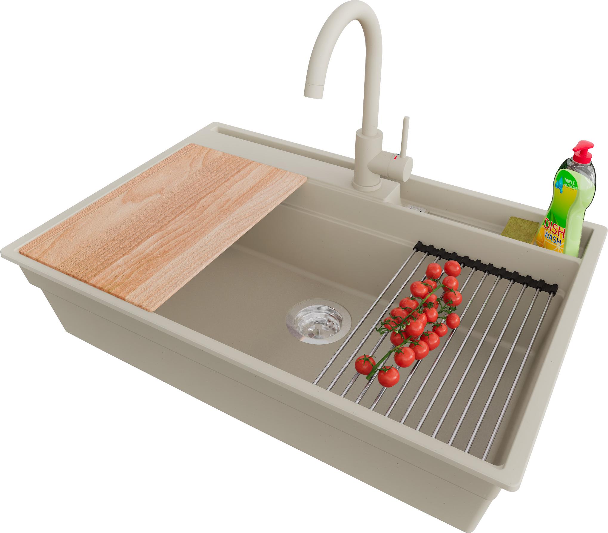 PRIMAGRAN Granitspüle Beige 78x53cm, Spülbecken 1 Becken + Ablauf-Set + Küchenzubehörset, Küchenspüle ab 80er Unterschrank - Oslo Pocket