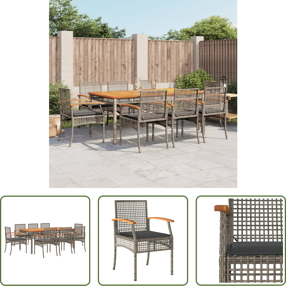 The Living Store 9-dielny záhradný jedálenský set s vankúšmi sivý polyratan