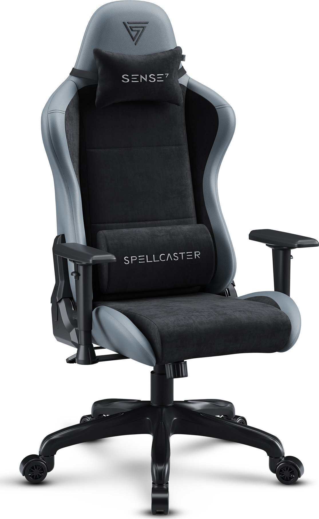 Herná stolička Sense7 Spellcaster FUKU, kancelárska stolička, ergonomická kancelárska stolička, otočná stolička s opierkami hlavy do 150 kg, čierna a sivá