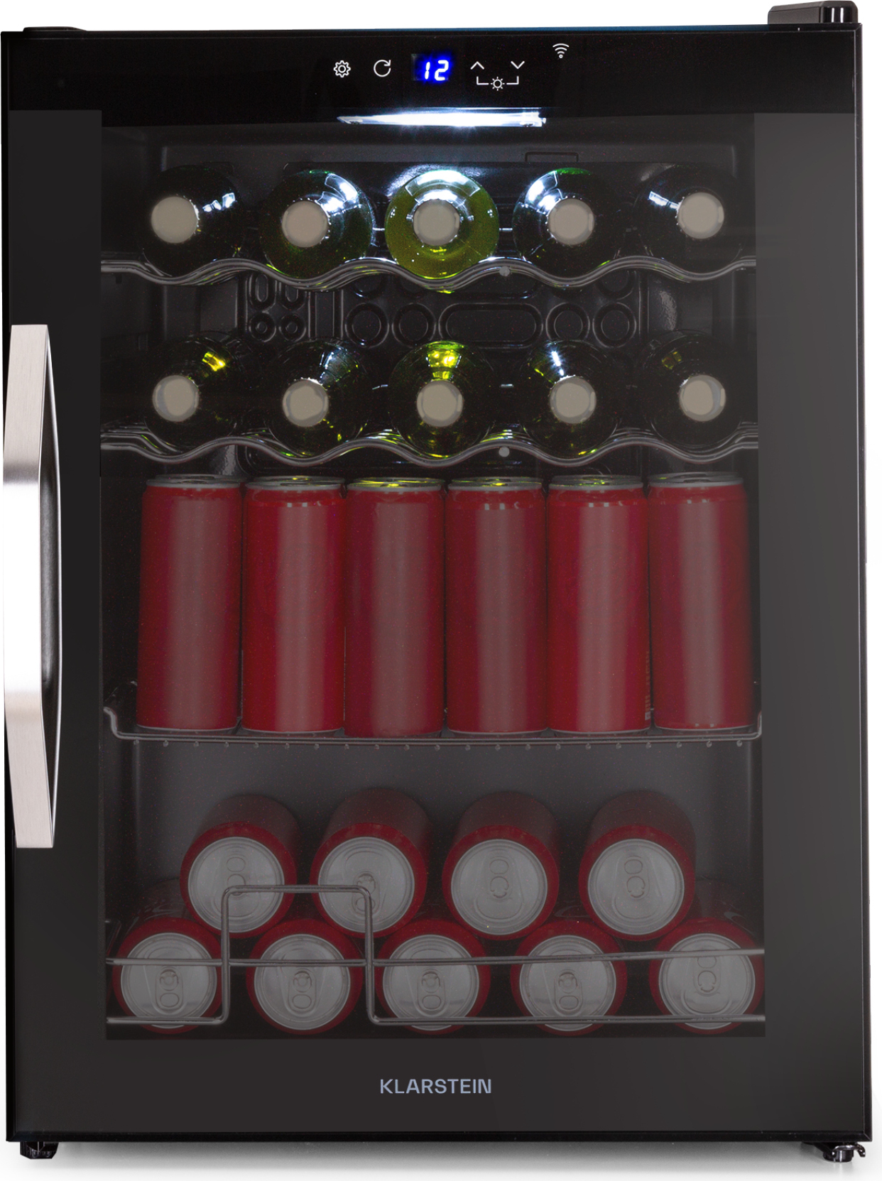 Klarstein Coachella 60 Getränkekühlschrank - 60 L Getränkekühler mit WLAN, Glastür, LED-Beleuchtung, 3-18 °C, 3 Metallablagen, Balanced Light, E, Schwarz HEA-Coachella60-OX-E