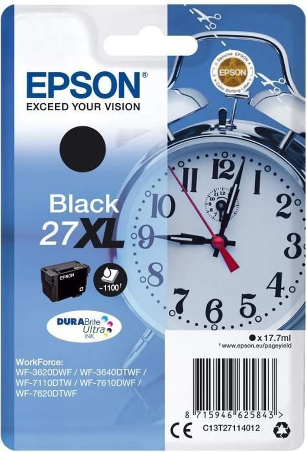 Epson Alarm clock Singlepack Black 27XL DURABrite Ultra Ink, Vysoký (XL) výnos, Čierna, Atrament na pigmentovej báze, 17,7 ml, 1 kusov, 1100 strany