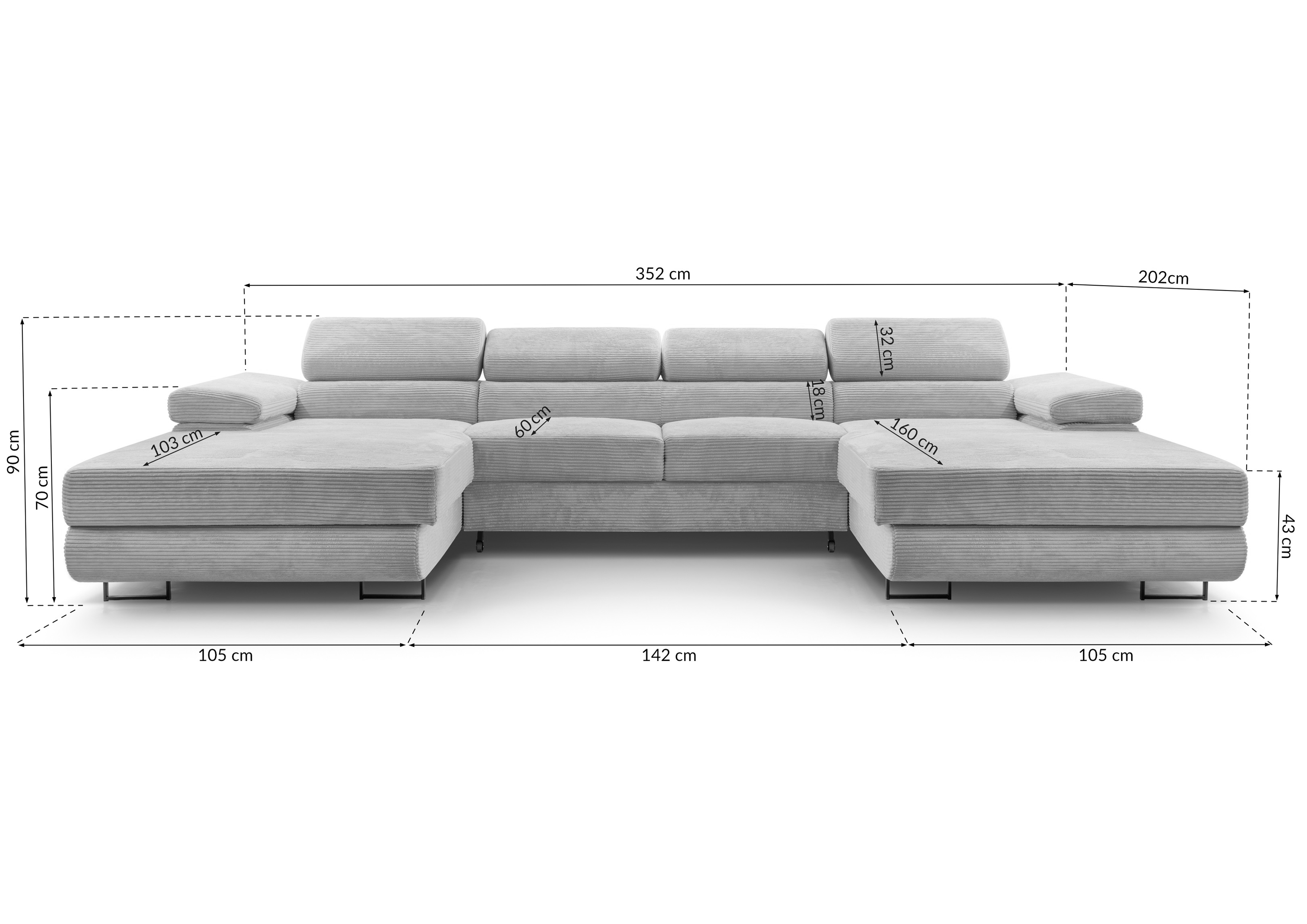 AX LIVING Wohnlandschaft Sofa U Form mit Schlaffunktion Arborio 352cm