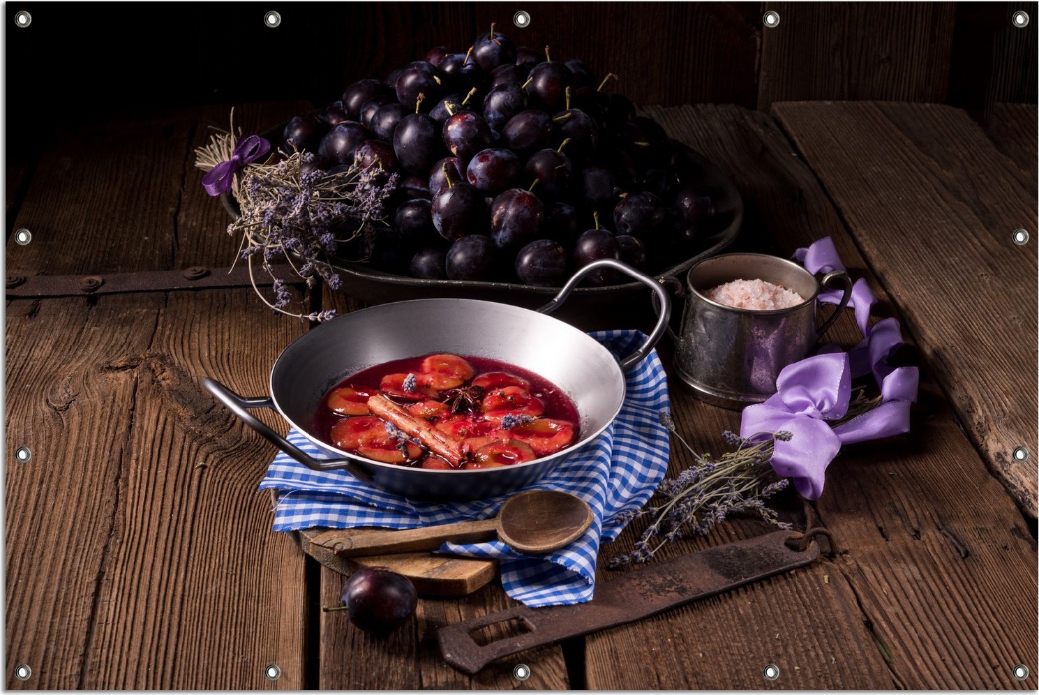 Wallario Outdoor-Poster für Garten oder Balkon, Motiv Frisches Pflaumenkompott mit Gewüzen, in ca. 120 x 180 cm goban5325-120180