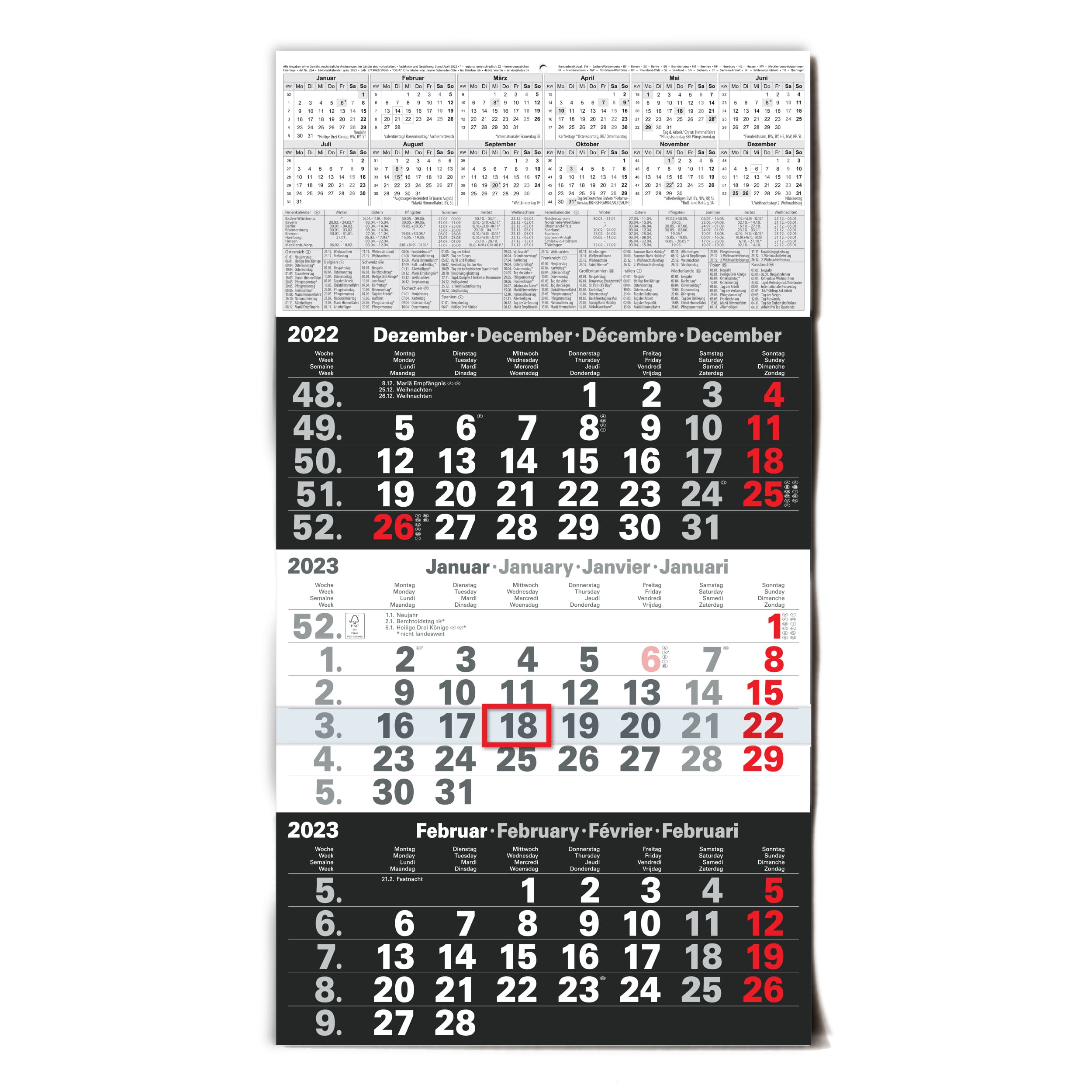2023 Tischkalender Dreimonatskalender Edelstahlhalter mit Kalenderblätter 2022 