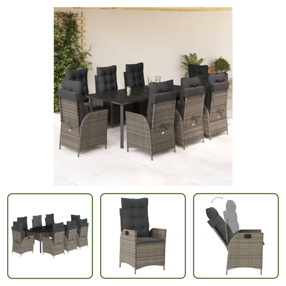 The Living Store 9-dielny záhradný jedálenský set s vankúšmi sivý polyratan