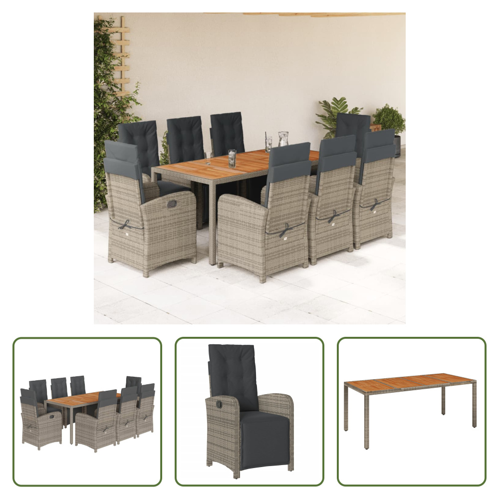 The Living Store 9-dielny záhradný jedálenský set s vankúšmi sivý polyratan