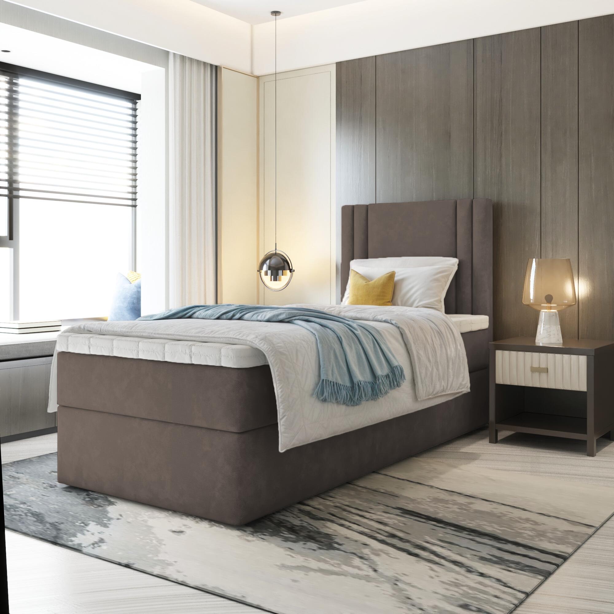 Premium-Moebel Einzebett Lira Mini Boxspringbett mit Bonell-Matratze Bett mit Bettkasten (90x200; Braun Itaka 20, topper T25) LI43