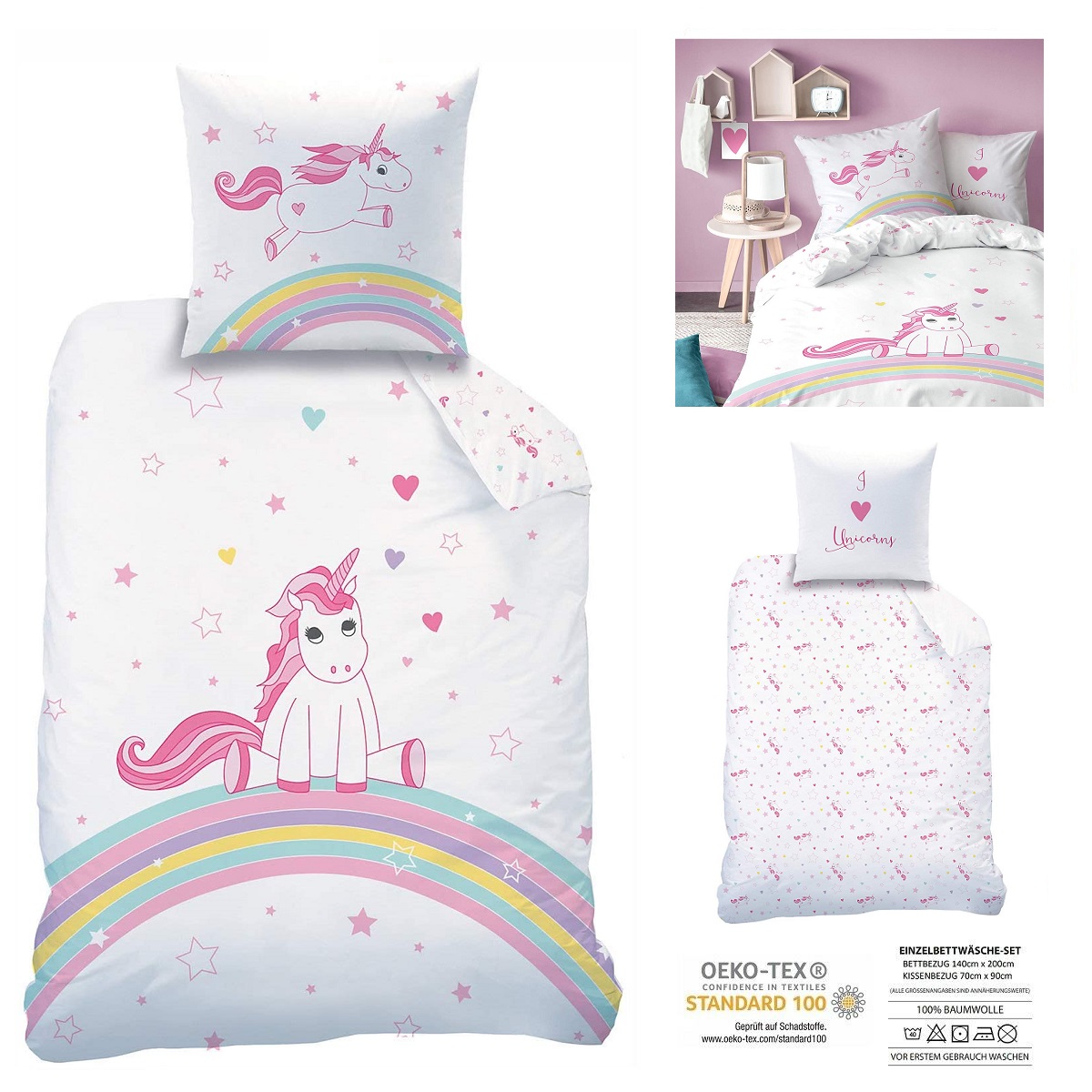 Einhorn Wende-Bettwäsche-Set 135x200 Mädchen Kinderbettwäsche Bettwaren Unicorn