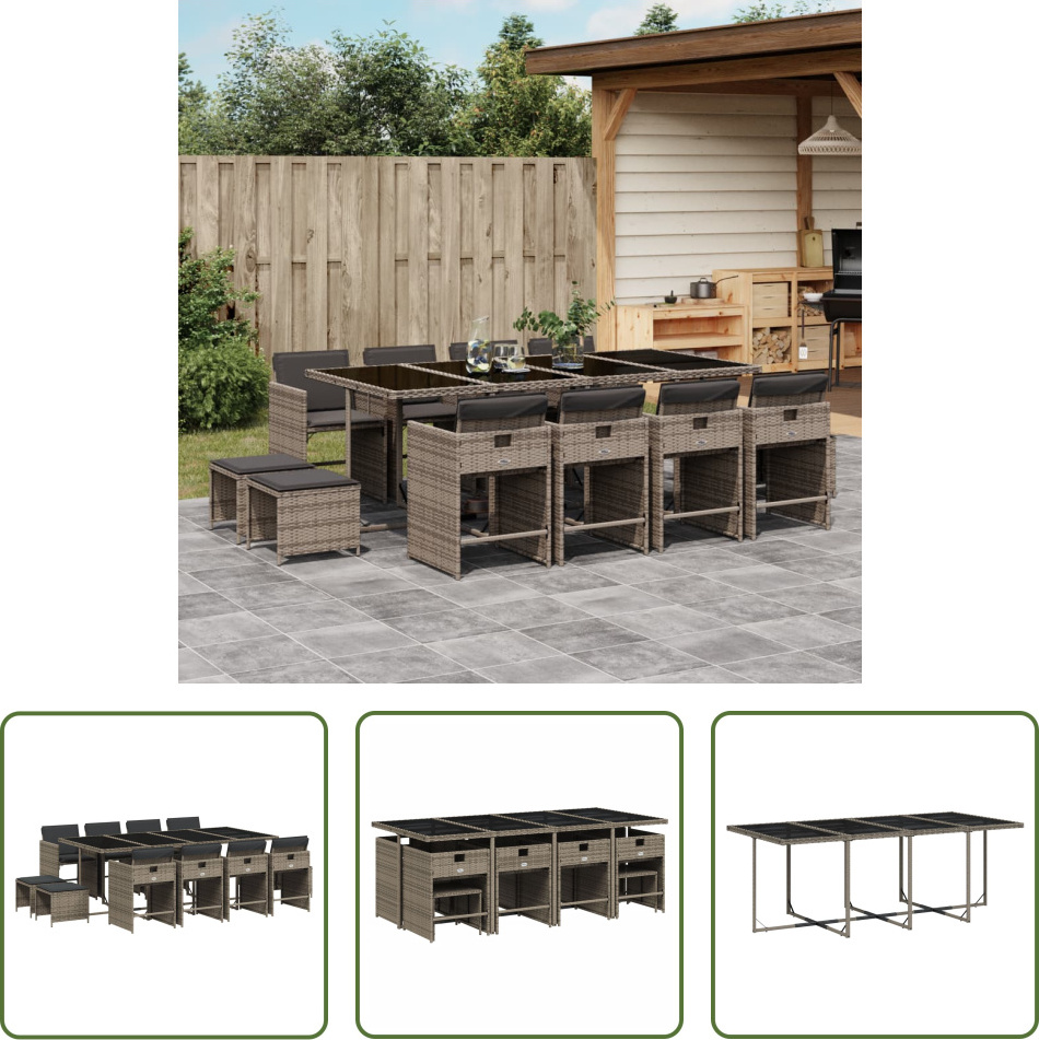 The Living Store 13-dielny záhradný jedálenský set s vankúšmi sivý polyratan