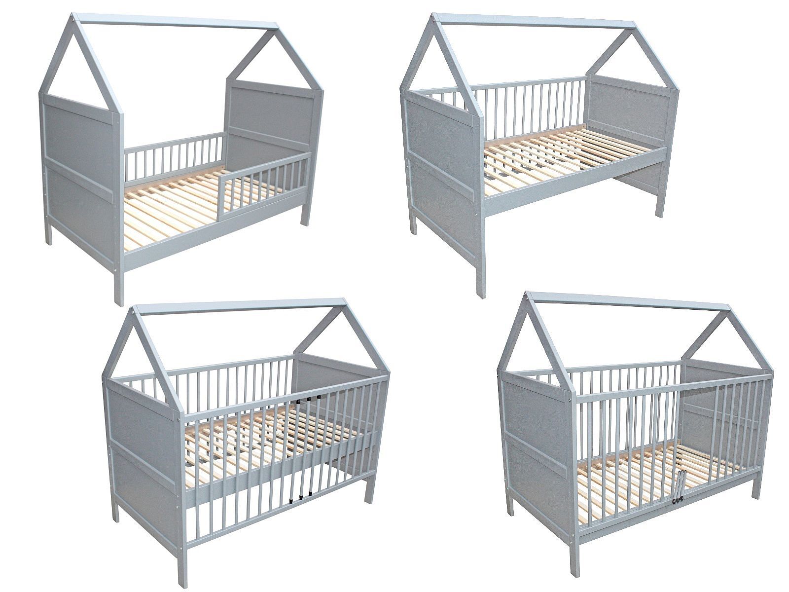 Babybett Kinderbett Juniorbett Beistellbett Bett Haus 140x70 cm umbaubar massiv grau