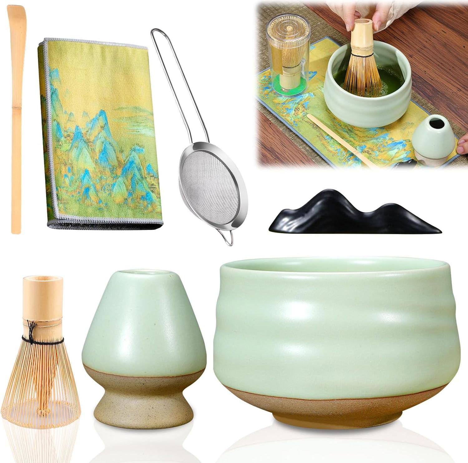 Markenlos Matcha-Set 7-teilig - Matcha-Besen und Schale - Matcha-Halter, Schneebesen, Löffel - Matcha-Sieb Schneebesen-Set Kit