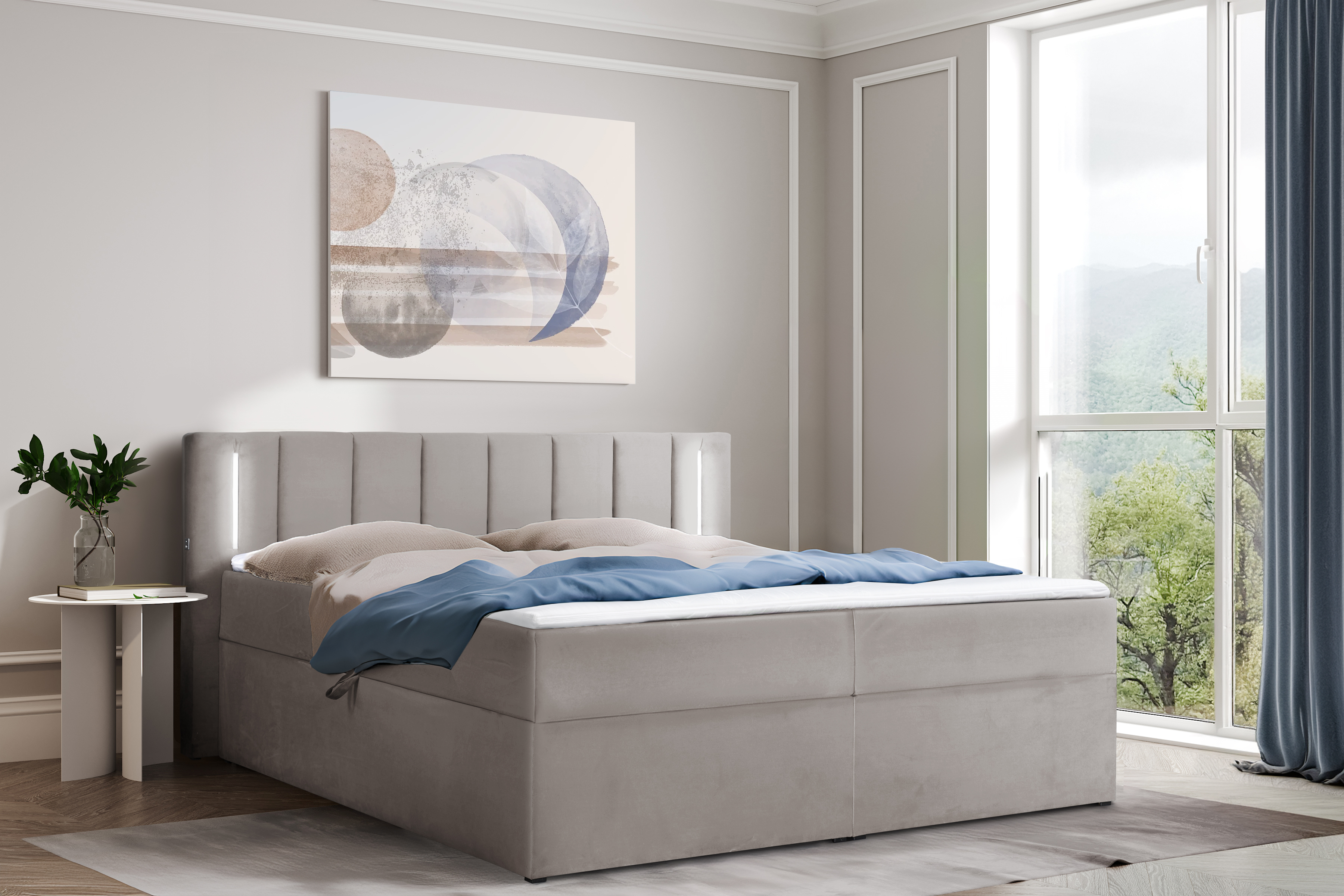 Dakal Möbel Polsterbett 180 x 200 cm mit Bettkasten und Matratze, Bonellmatratze H4, 2 USB-Ports, LED Beleuchtung, Beige Velours Velvet Iseria