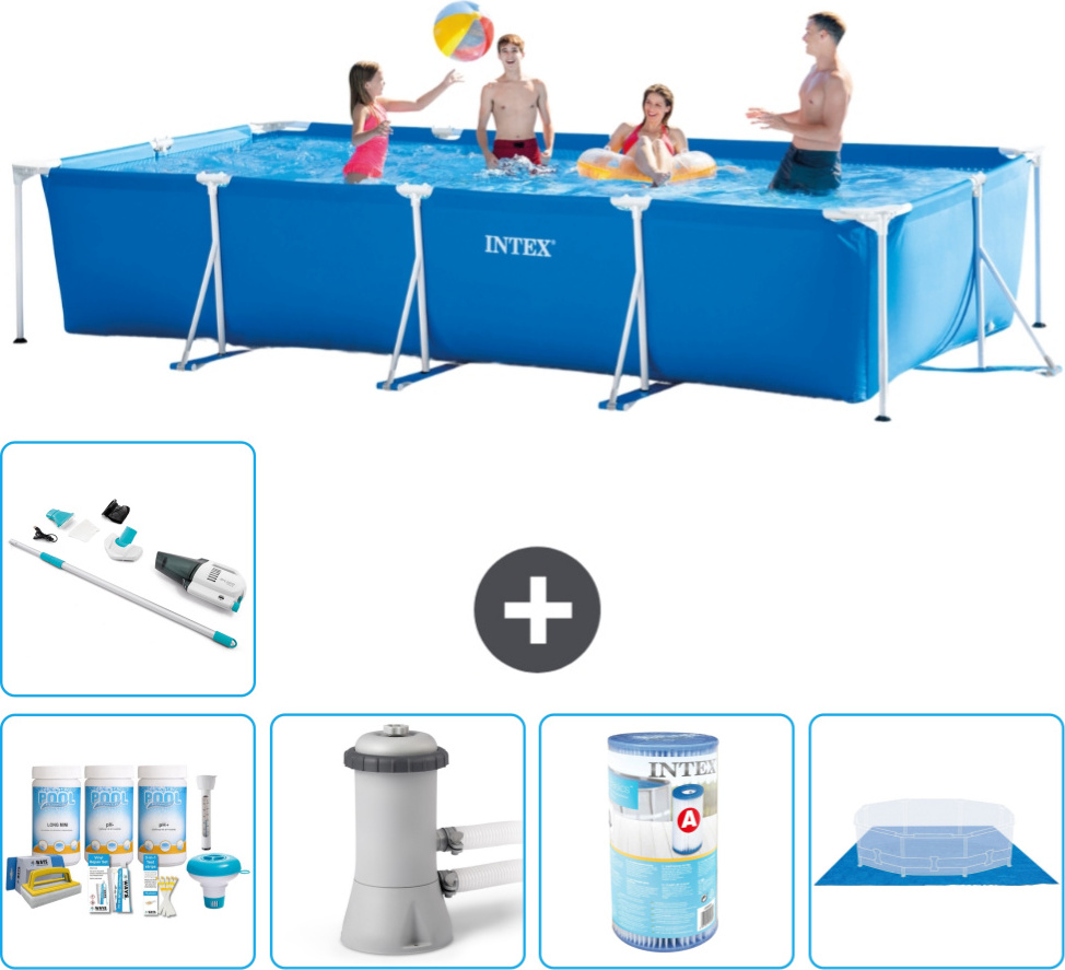 Bazén Intex s obdĺžnikovým rámom - 450 x 220 x 84 cm - modrý - súčasťou dodávky Balenie na údržbu - Filtračné čerpadlo pre bazén - Filter - Podlahová plachta - Vysávač