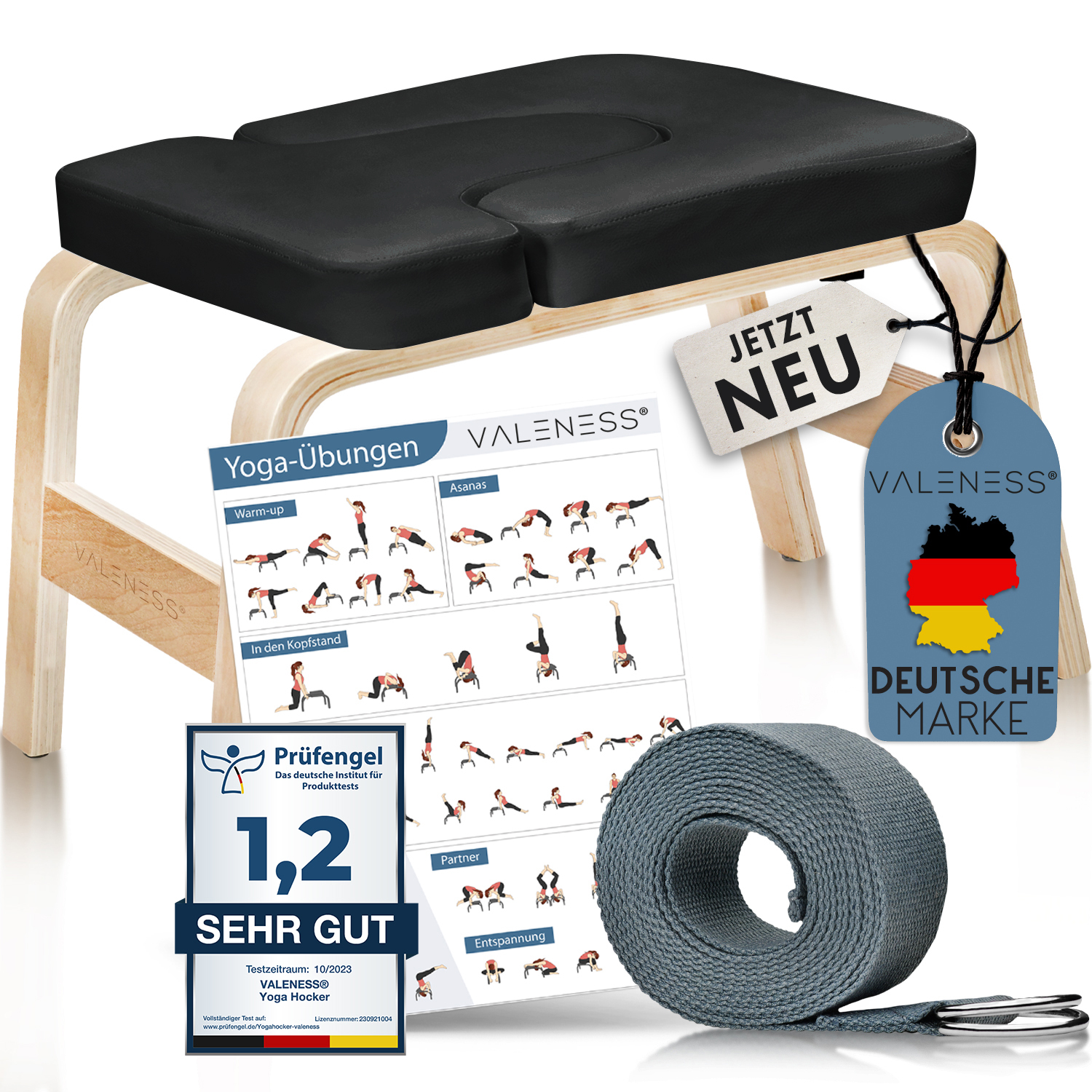VALENESS® Yoga Kopfstandhocker - Hochwertiger Yoga Hocker inkl. Yogagurt, Yogablock & Übungsposter - Yoga Stuhl zur Handstand-Übung aus Naturholz YGH2208